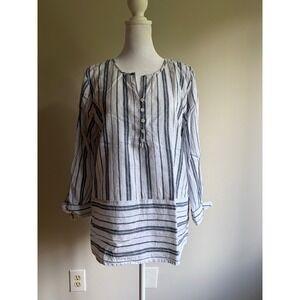 Liz Claiborne Womens Blue White Striped Linen Blend Tie Cuff Tunic Top Size M